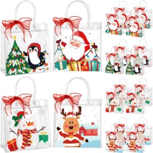 henoyso 24 pcs christmas clear gift bags plastic candy treat bags snowman santa gift bags with handles and ribbon pvc gift wrap totes for xmas party favors(7.8 x 7.8 x 3.1)