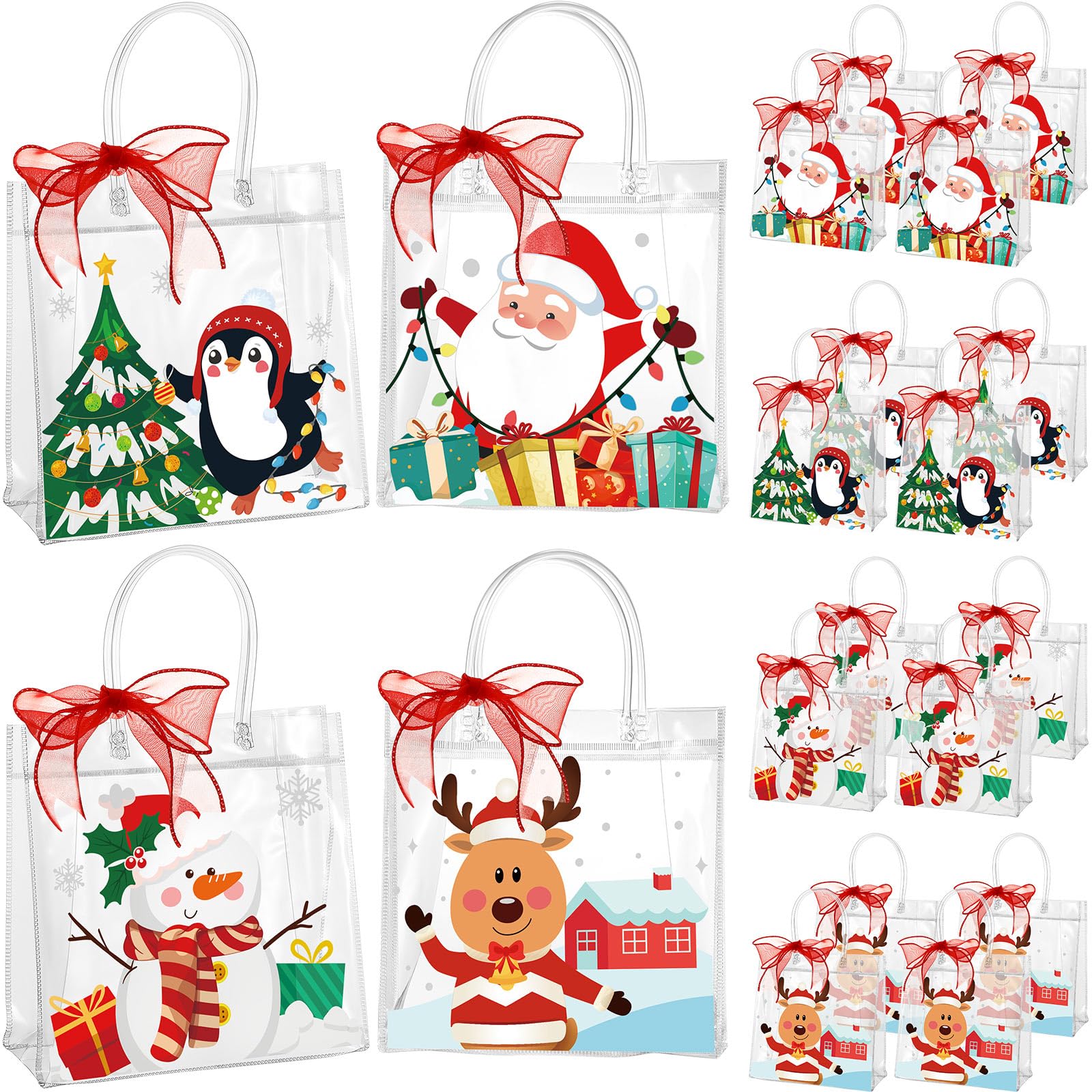 Henoyso 24 Pcs Christmas Clear Gift Bags Plastic Candy Treat Bags Snowman Santa Gift Bags with Handles and Ribbon PVC Gift Wrap Totes for Xmas Party Favors(7.8 x 7.8 x 3.1)