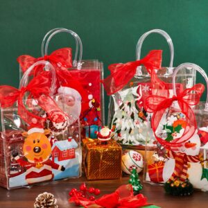 Henoyso 24 Pcs Christmas Clear Gift Bags Plastic Candy Treat Bags Snowman Santa Gift Bags with Handles and Ribbon PVC Gift Wrap Totes for Xmas Party Favors(7.8 x 7.8 x 3.1)