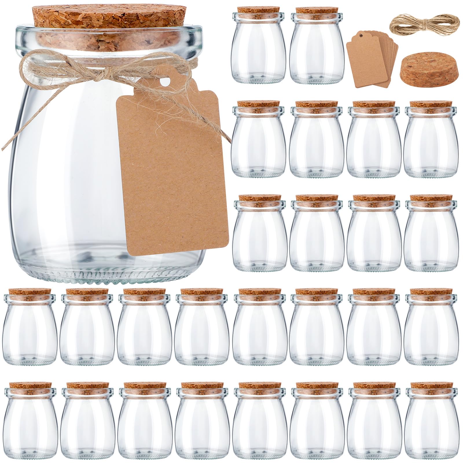 Suclain 50 Pack Glass Favor Jars with Cork Lid 3.4 oz Small Glass Bottles Jars with 100 Labels 50 Gift Bags Twine Mini Candy Containers for Wedding Favors Pudding Honey DIY Projects