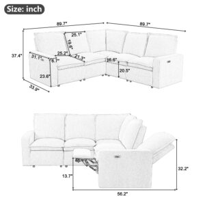 JURMALYN Modular Sectional Sofa Couch with Power Recliner Chair for Living Room, Convertible L- Shaped Sofa Couch with USB Charge Ports, 5-Seater Corner Sofa for Home Office Theater-89.7'' Grey