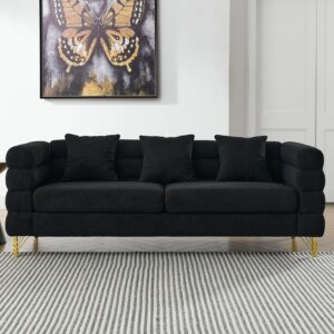 Comfy 3 Seater Sofa, 81-inch Oversized Boucle Couch with Deep Seat Design, Upholstered Sofa Couch with 2 Pillows, Modern Living Room Sofa with Stylish Metal Legs for Office, Waiting Room, Black Teddy