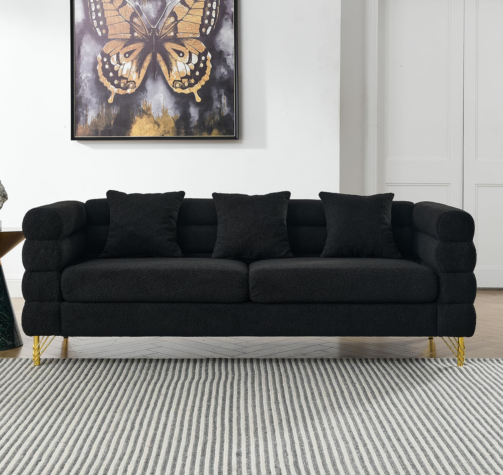 Comfy 3 Seater Sofa, 81-inch Oversized Boucle Couch with Deep Seat Design, Upholstered Sofa Couch with 2 Pillows, Modern Living Room Sofa with Stylish Metal Legs for Office, Waiting Room, Black Teddy