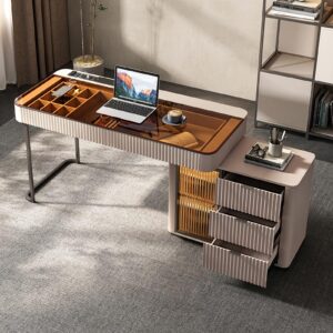 Lartis Office Desk, Very Easy to Assemble，Computer Desk, Home Telescopic Writing Desk, Storage Cabinet Retractable Corner, Built-in LED Lights, Five Large Storage Drawers, compartmentalized Storage