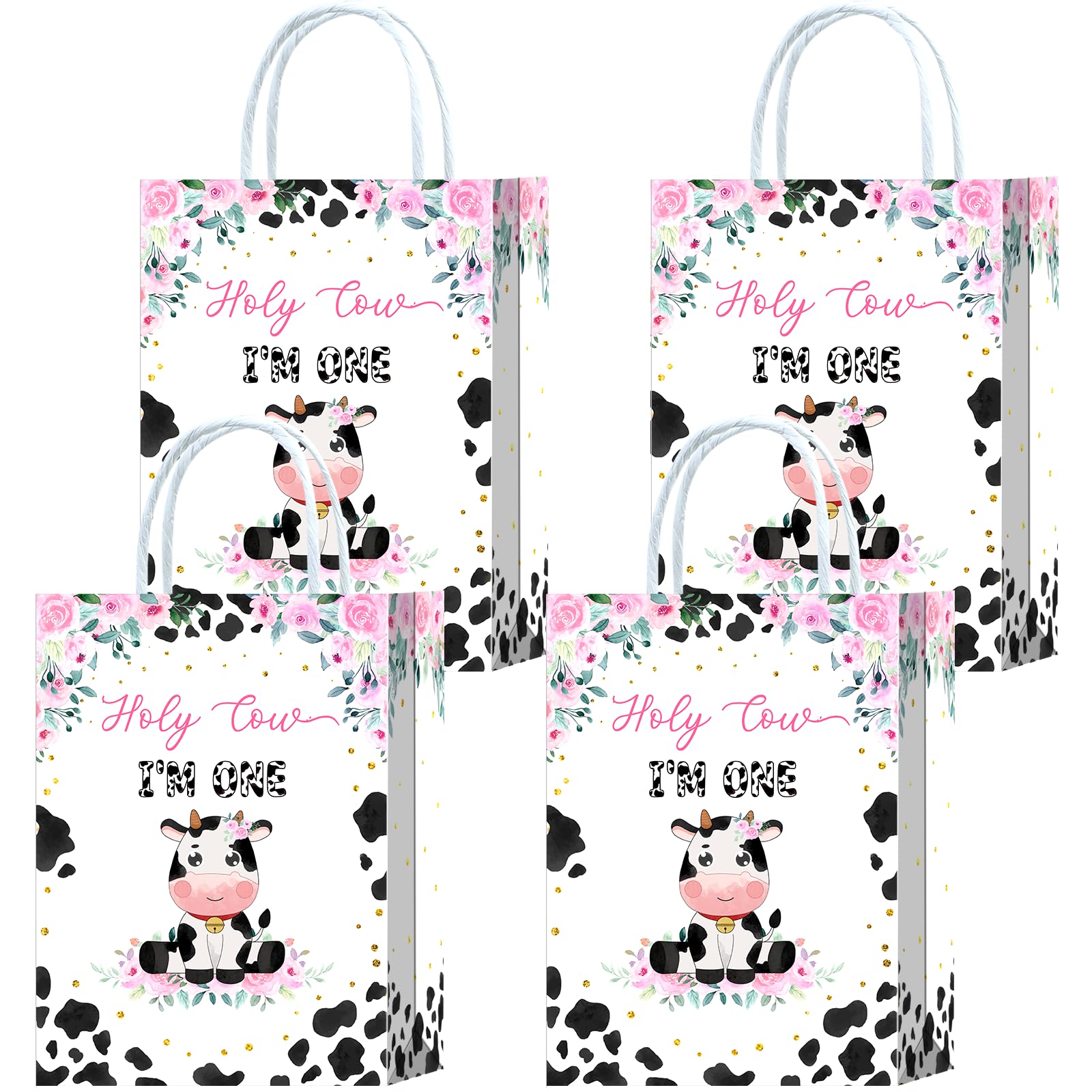 Tyndallrays 16 Pieces Holy Cow I'M ONE First Birthday Party Favors Bags,Holy Cow 1st Birthday Gift Snacks Treat Candy Party Favors Bags with Handles for Girls Boys 1st Birthday Party Decorations