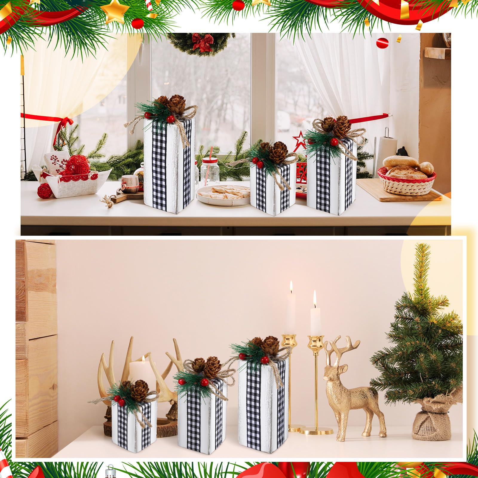 3 Pcs Christmas Table Centerpieces Christmas Table Decor Faux Present Wooden Blocks Rustic Decoration with Buffalo Plaid Bowknot for Holiday Xmas Tree Shelf Tiered Tray Decor (Black, White)