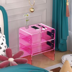 Clear Acrylic 3-Tier End Table/Nightstand – Sleek Bedside Storage with Durable Design, Perfect for Bedrooms, Living Rooms, or Modern Interiors – Ideal as a Bedside Table or Sofa Side Piece (Pink)