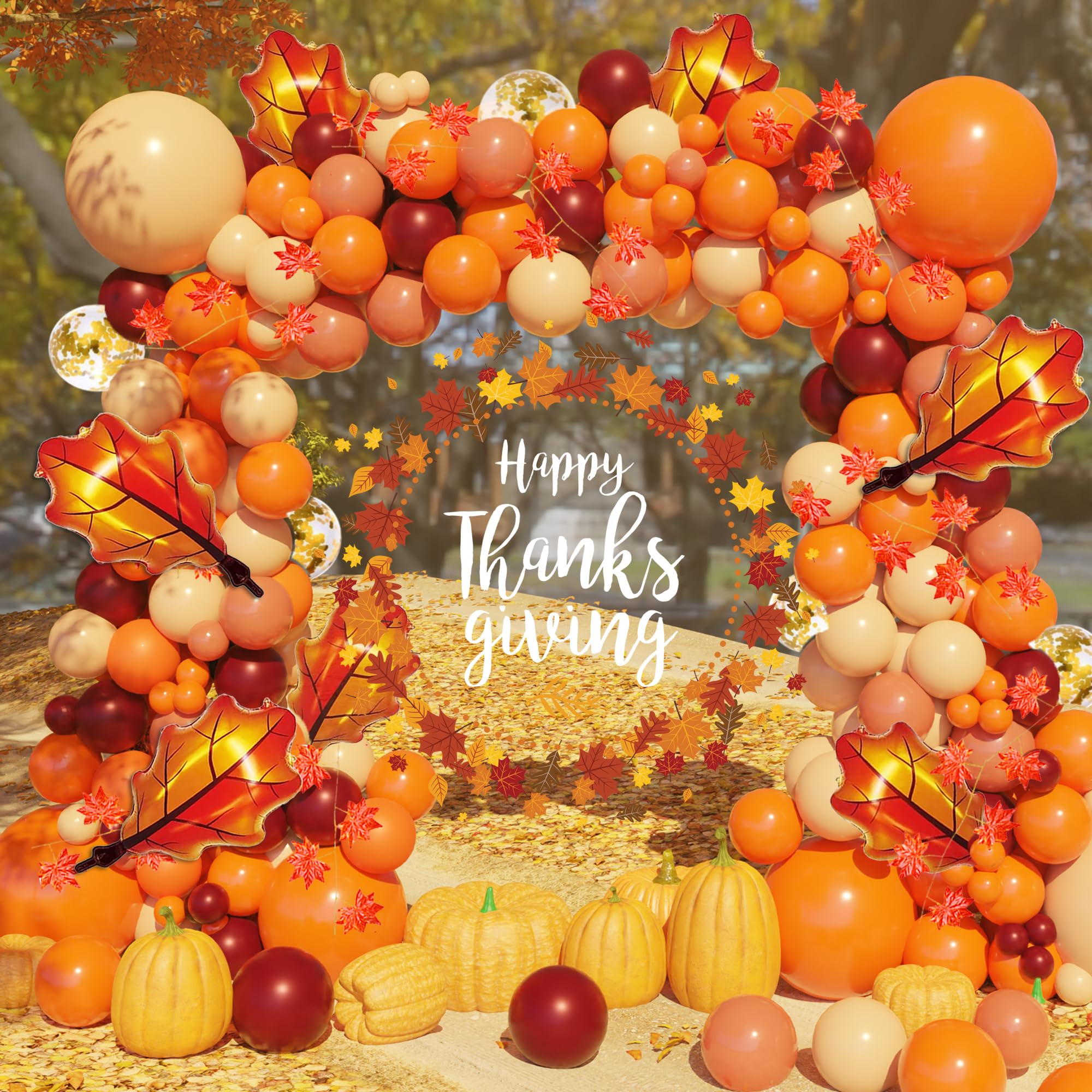 Thanksgiving Balloon Arch Kit,167PCS Fall Balloon Arch Kit, Orange Burgundy Rose Gold Confetti Balloons with Artificial Maple Leaves for Thanksgiving Decorations Autumn Party Baby Shower Decorations