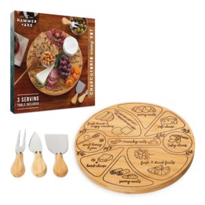 hammer + axe charcuterie board set - rotating serving cheese board with utensil tools & easy-place labels - bamboo charcuterie boards gift set - compact & space-saving cheese platter tray & knife set