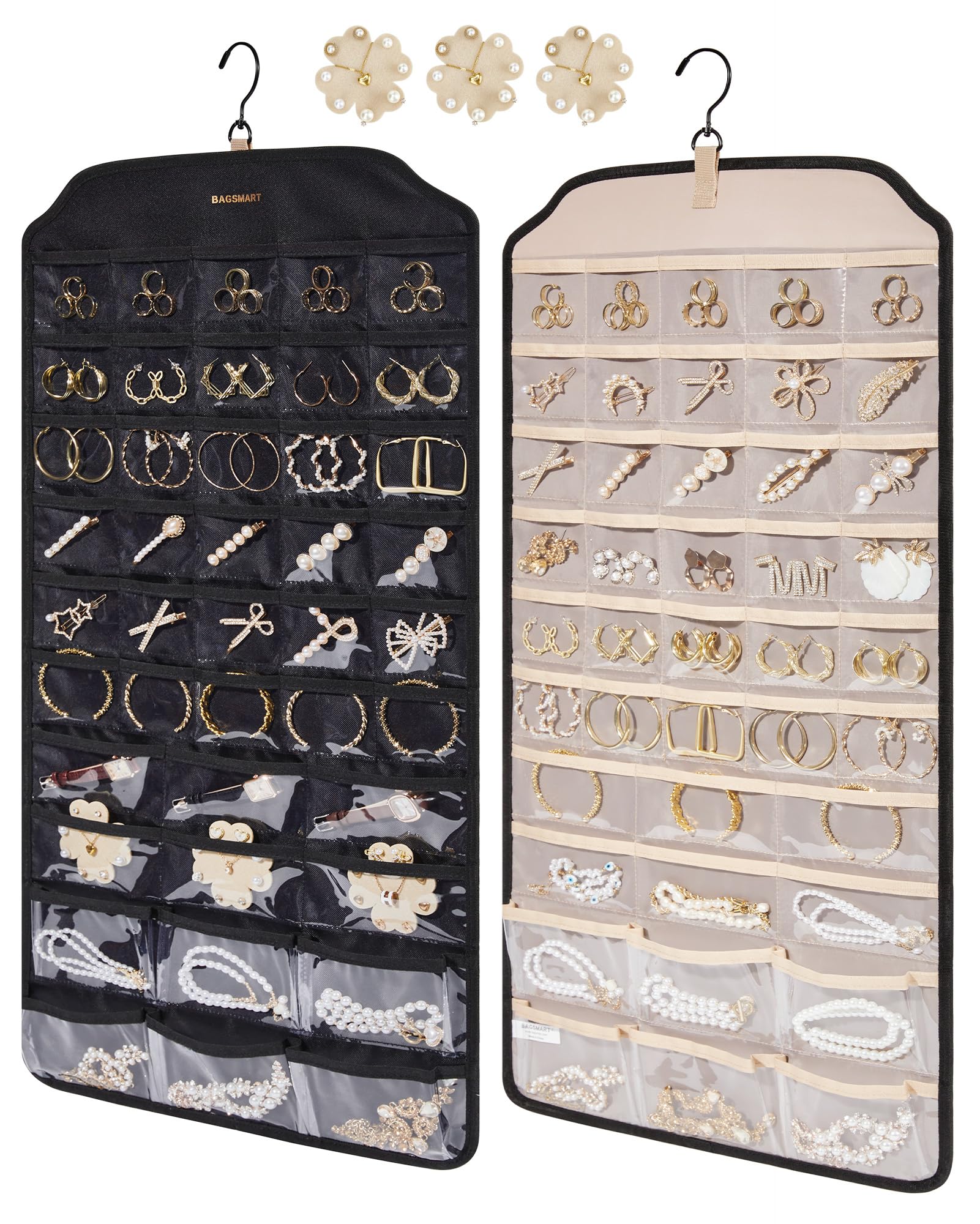 BAGSMART Hanging Jewelry Organizer, Jewelry Holder Organizer Accessories Organizer, 68 Pocket Earring Organizer Organizer for Wall Holding Jewelry,Extra Large Black, 1 Piece