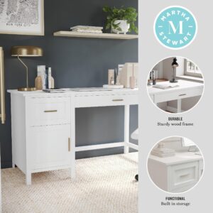 Martha Stewart Hutton Shaker Style Home Office Desk with Storage in White with Polished Brass Hardware