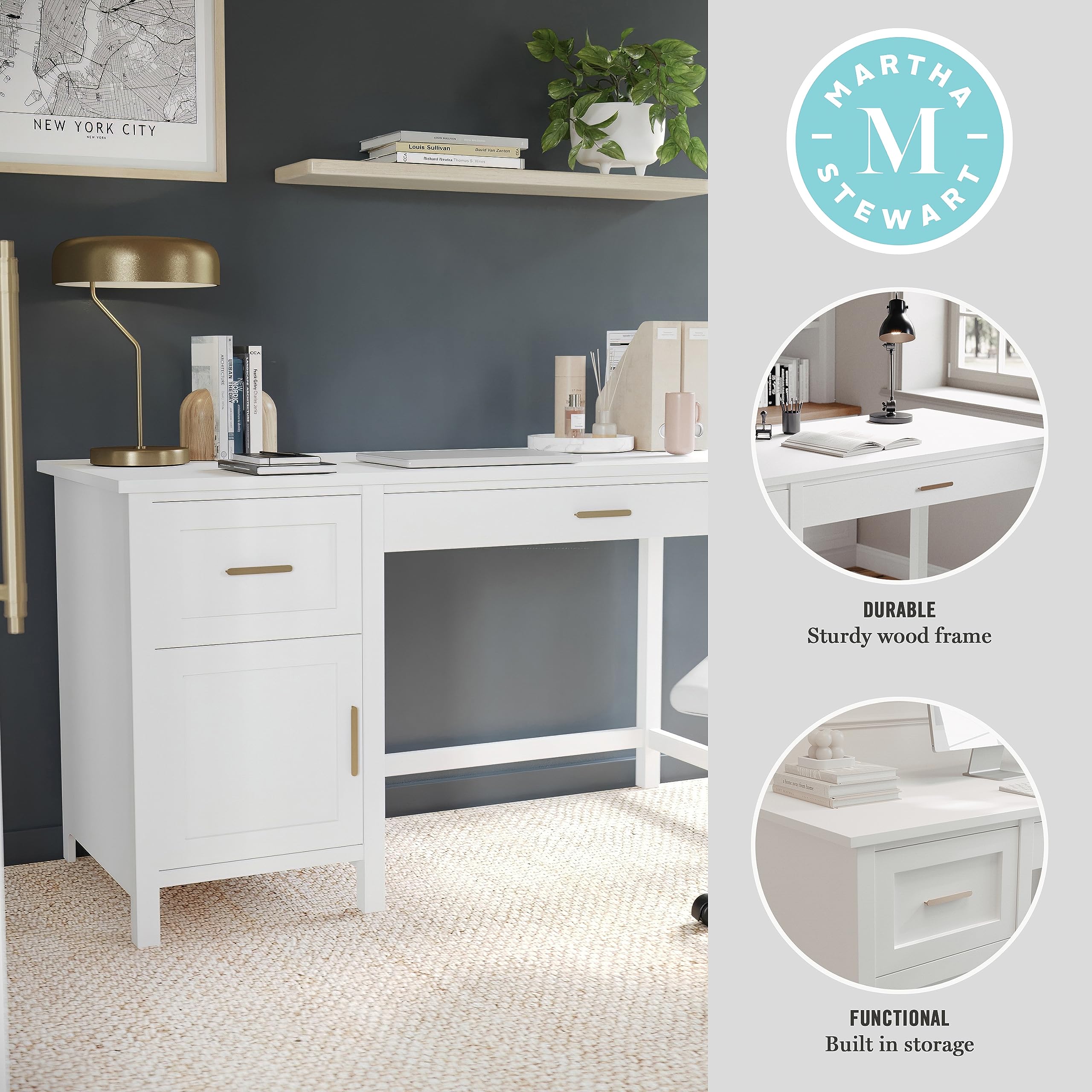 Martha Stewart Hutton Shaker Style Home Office Desk with Storage in White with Polished Brass Hardware