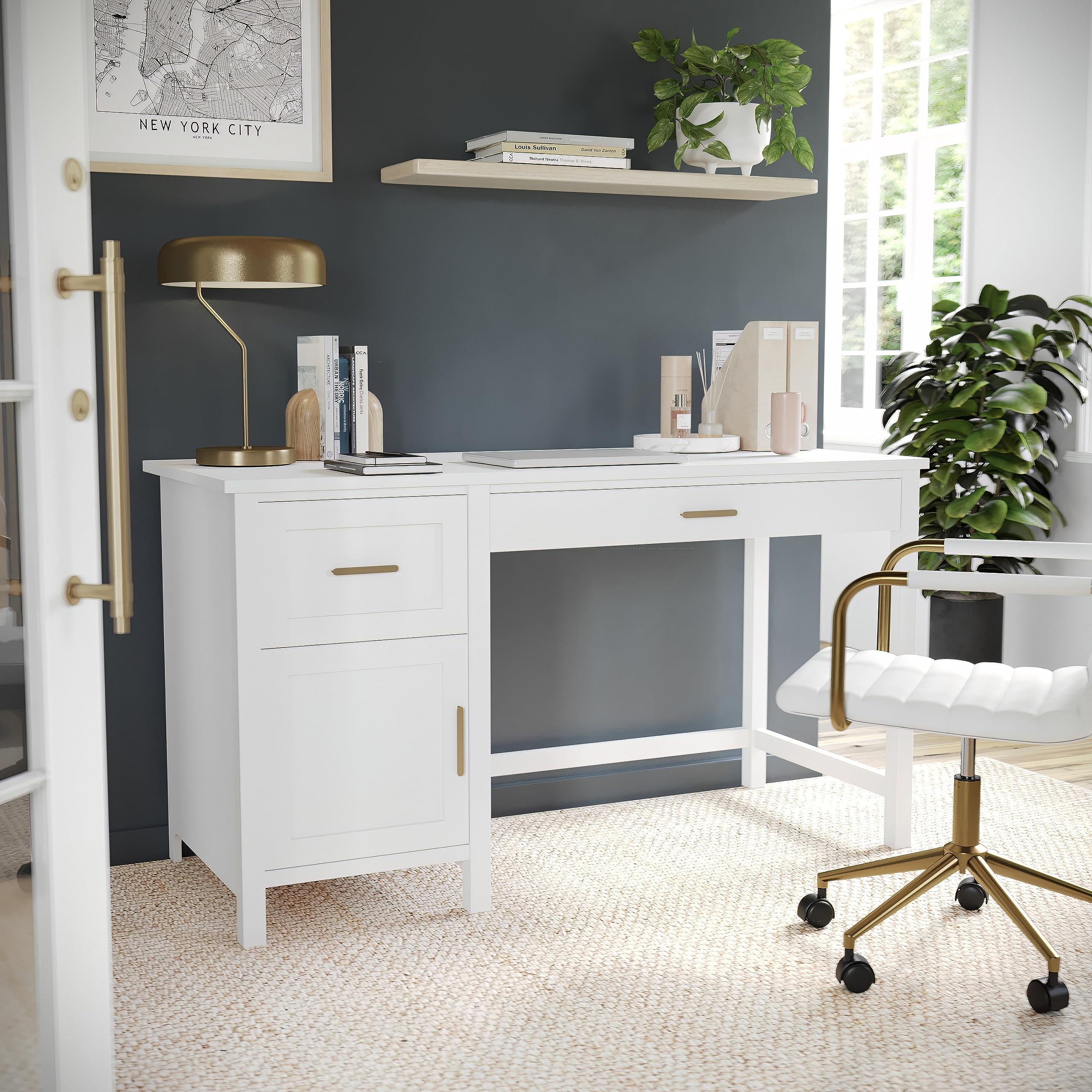 Martha Stewart Hutton Shaker Style Home Office Desk with Storage in White with Polished Brass Hardware