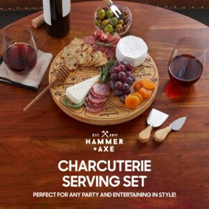 Hammer + Axe Charcuterie Board Set - Rotating Serving Cheese Board with Utensil Tools & Easy-Place Labels - Bamboo Charcuterie Boards Gift Set - Compact & Space-Saving Cheese Platter Tray & Knife Set