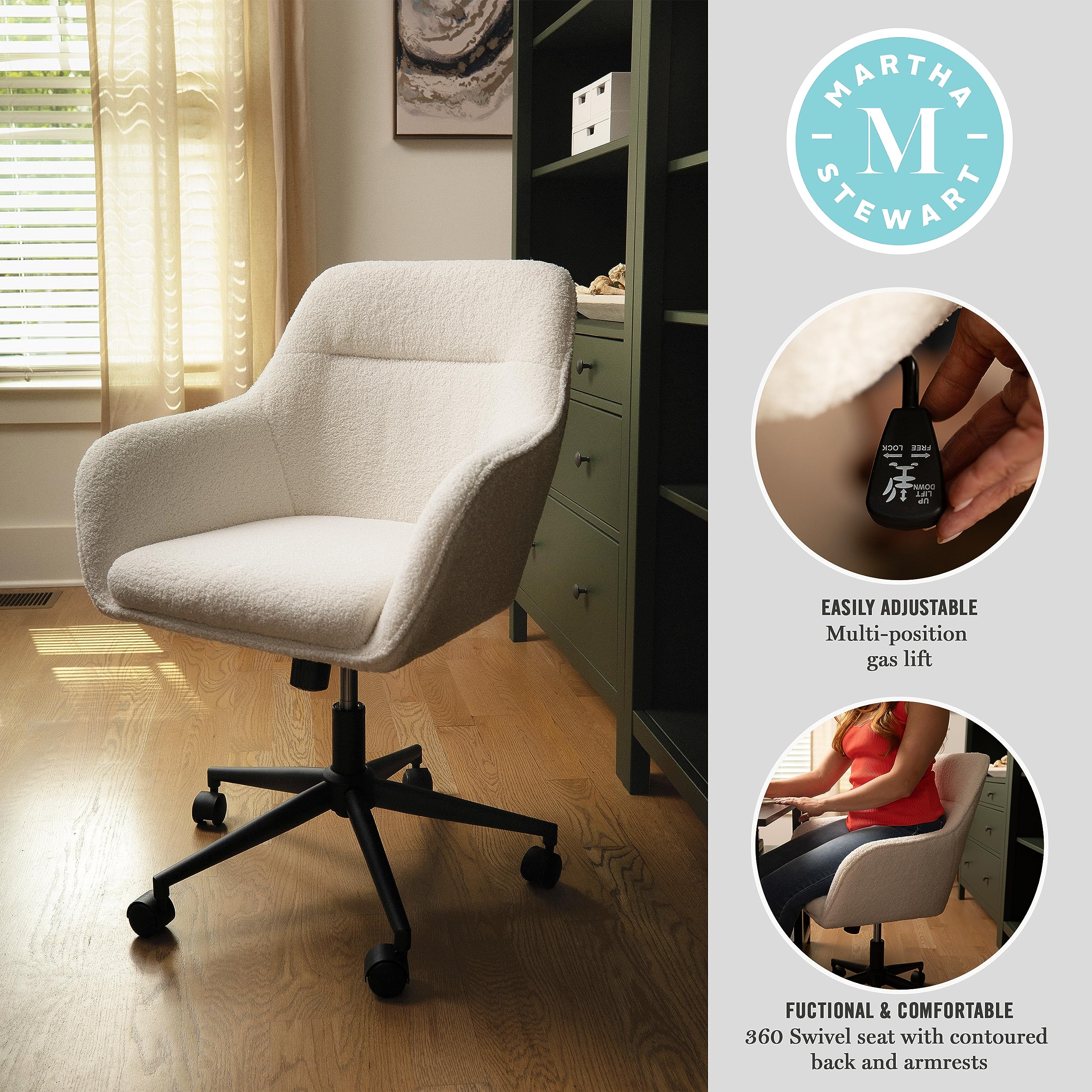 Martha Stewart Rayna Swivel Task Chair with Flared Arms for Home Office in White Boucle with Oil Rubbed Bronze Frame