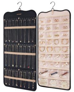 bagsmart hanging jewelry organizer storage with hanger metal hooks double-sided jewelry holder for earrings, necklaces, rings on closet, wall, door, 1 piece large black