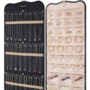 BAGSMART Hanging Jewelry Organizer Storage with Hanger Metal Hooks Double-Sided Jewelry Holder for Earrings, Necklaces, Rings on Closet, Wall, Door, 1 piece Large Black