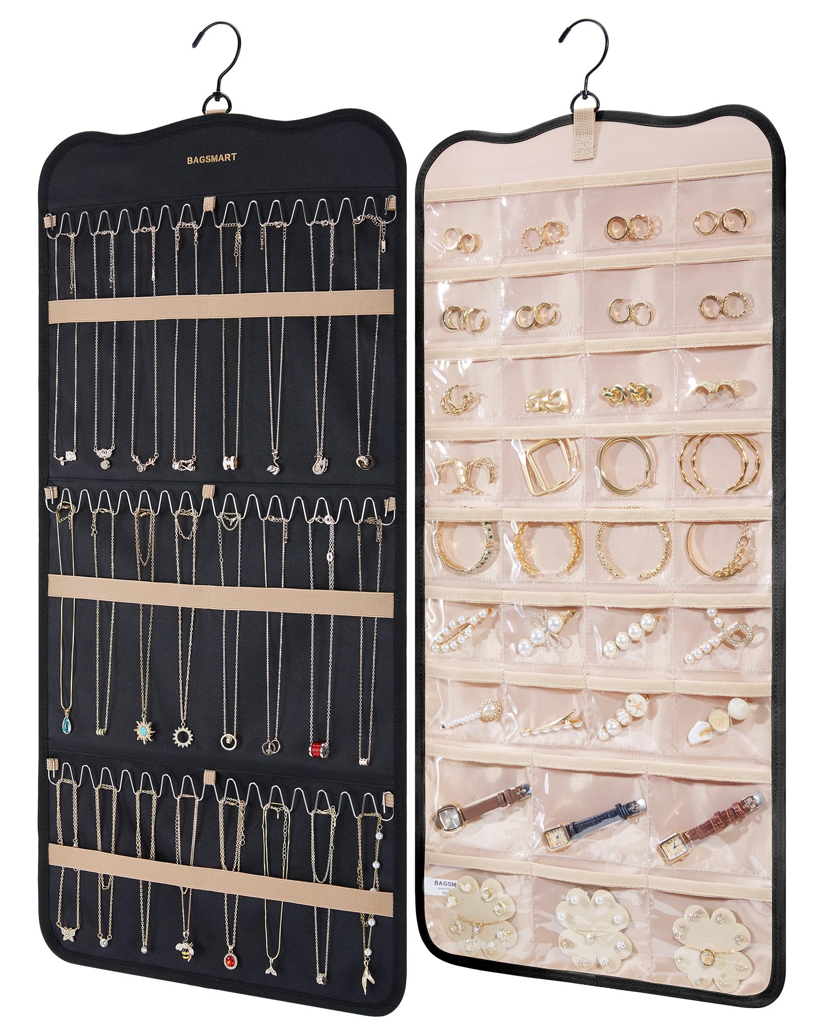 BAGSMART Hanging Jewelry Organizer Storage with Hanger Metal Hooks Double-Sided Jewelry Holder for Earrings, Necklaces, Rings on Closet, Wall, Door, 1 piece Large Black