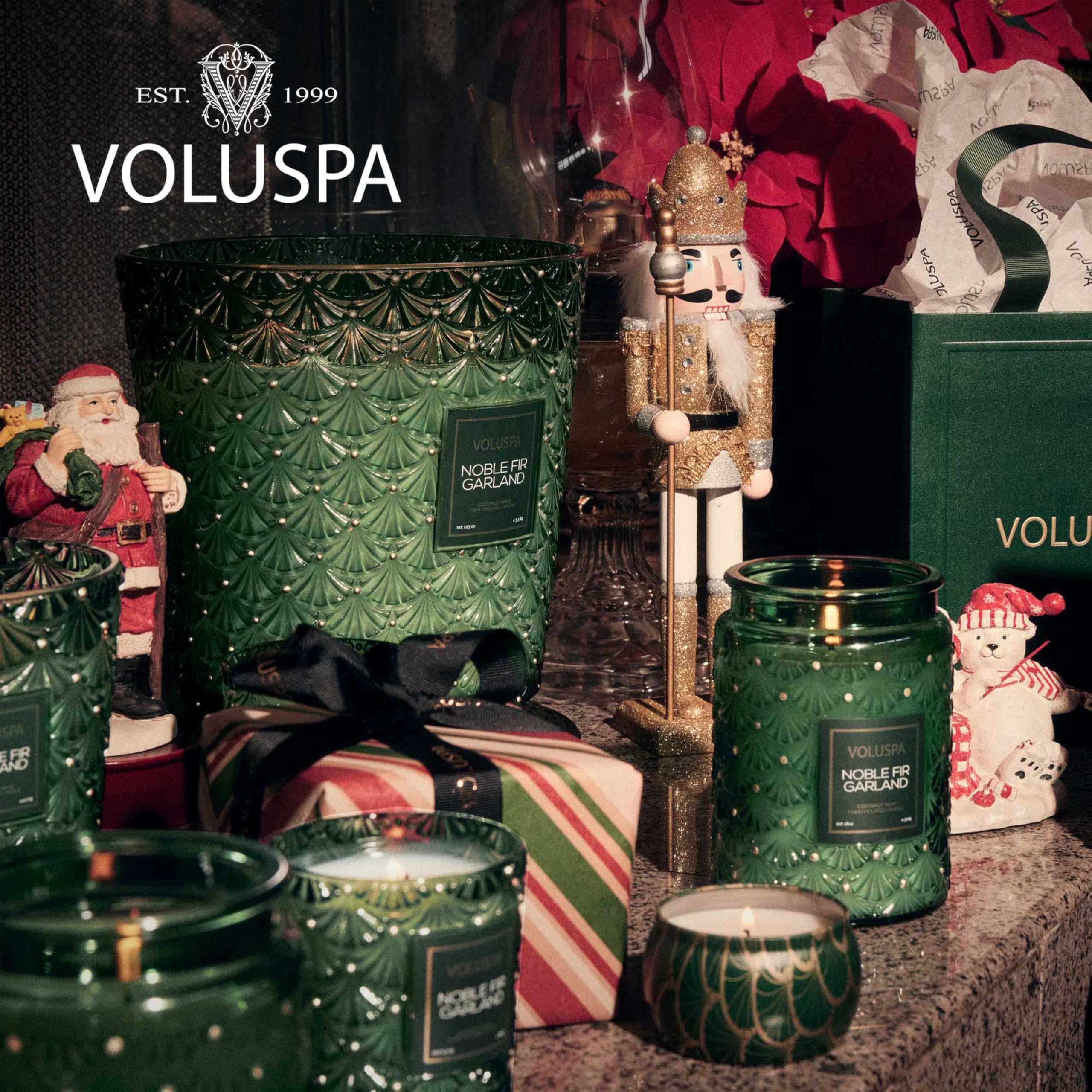 Voluspa Noble Fir Garland, 3 Wick Hearth Candle, 38 oz, 80 Hour Burn Time, Coconut Wax Blend, Christmas Scented Candles for Home, Poured in The USA