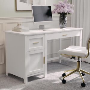 Martha Stewart Hutton Shaker Style Home Office Desk with Storage in White with Polished Brass Hardware