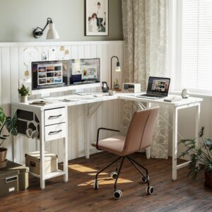 CubiCubi L-Shaped Computer Desk 59.1" with 2 Drawers and Shelves for Storage, Larger Gaming Corner Desk Workstation, Home Office Sturdy Writing Table, Space-Saving, Easy to Assemble, White