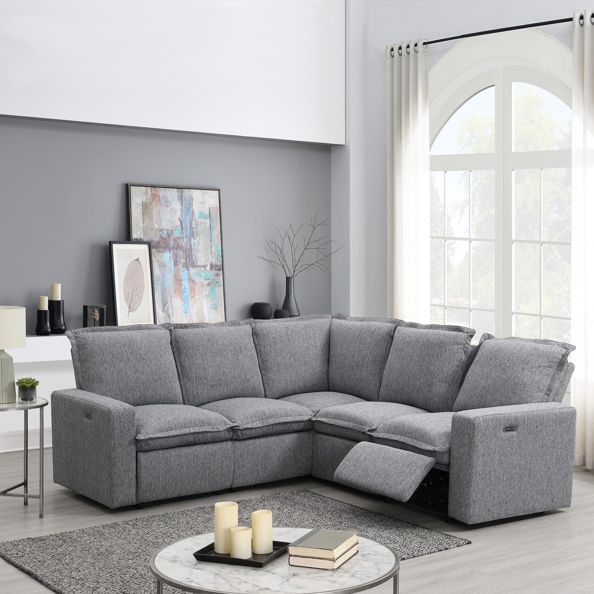 JURMALYN Modular Sectional Sofa Couch with Power Recliner Chair for Living Room, Convertible L- Shaped Sofa Couch with USB Charge Ports, 5-Seater Corner Sofa for Home Office Theater-89.7'' Grey