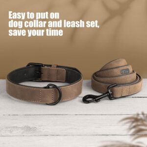 Didog Soft Padded Leather Dog Collar and Leash Set, Heavy Duty Dog Leash and Collar Set with Metal Buckle, Breathable Dog Collars with 4FT Leather Dog Leash for Small Medium Large Dogs, Brown, L