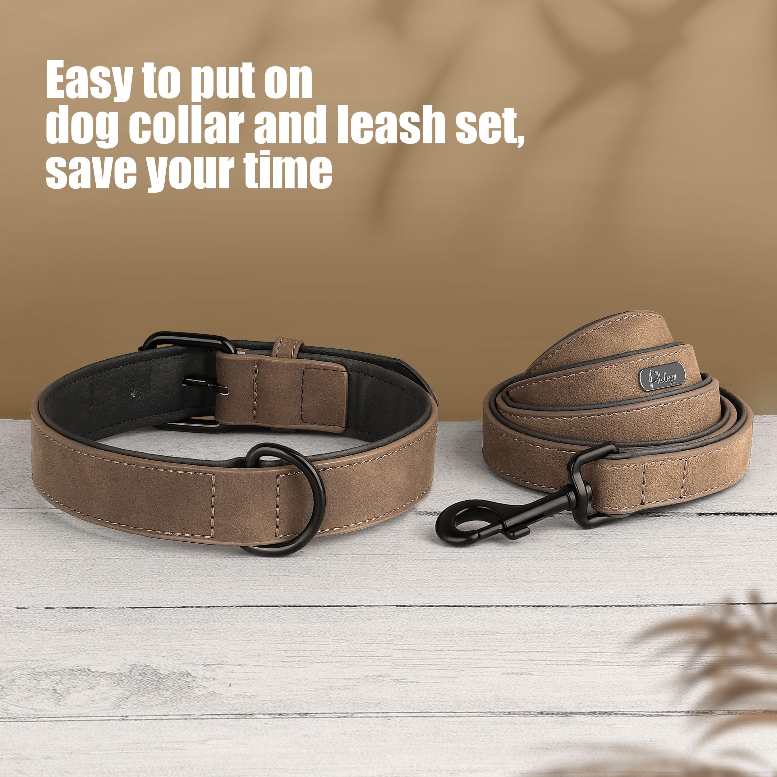 Didog Soft Padded Leather Dog Collar and Leash Set, Heavy Duty Dog Leash and Collar Set with Metal Buckle, Breathable Dog Collars with 4FT Leather Dog Leash for Small Medium Large Dogs, Brown, L