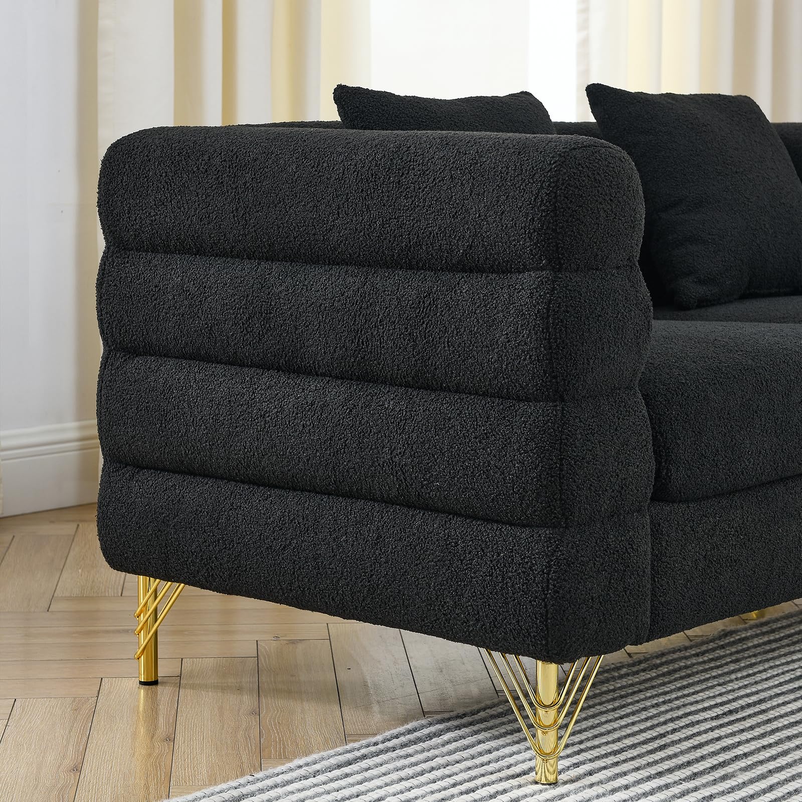 Comfy 3 Seater Sofa, 81-inch Oversized Boucle Couch with Deep Seat Design, Upholstered Sofa Couch with 2 Pillows, Modern Living Room Sofa with Stylish Metal Legs for Office, Waiting Room, Black Teddy