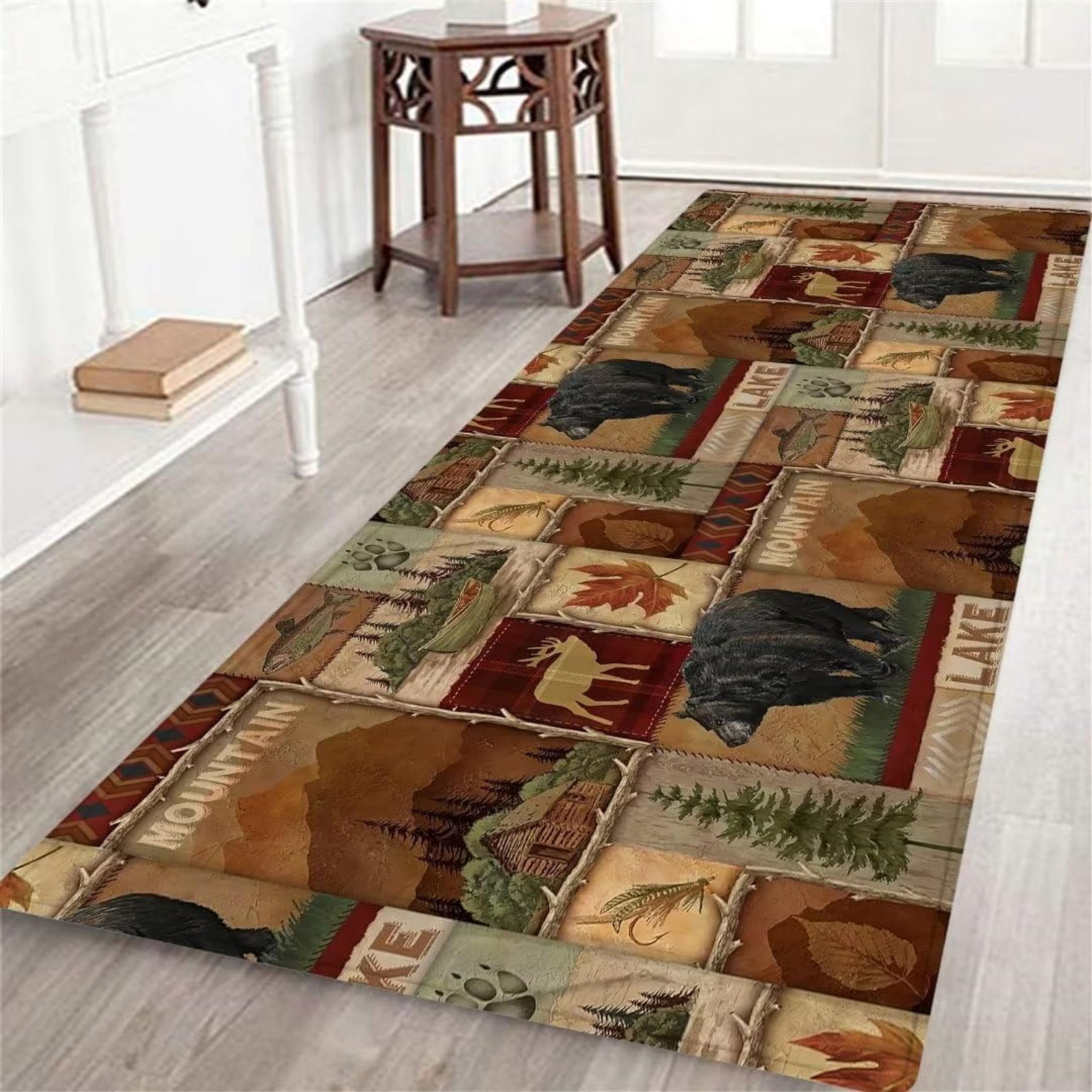 Rustic Cabin Wildlife Long Runner Rug,2.6x10ft, for Hallway, Maple Leaf Moose Deer Carpet for Bedroom, Non-Slip Floor Carpet for Living Room Bedroom Doormat Indoor Entrance Door Mat