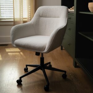 Martha Stewart Rayna Swivel Task Chair with Flared Arms for Home Office in White Boucle with Oil Rubbed Bronze Frame