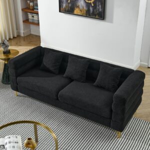 Comfy 3 Seater Sofa, 81-inch Oversized Boucle Couch with Deep Seat Design, Upholstered Sofa Couch with 2 Pillows, Modern Living Room Sofa with Stylish Metal Legs for Office, Waiting Room, Black Teddy