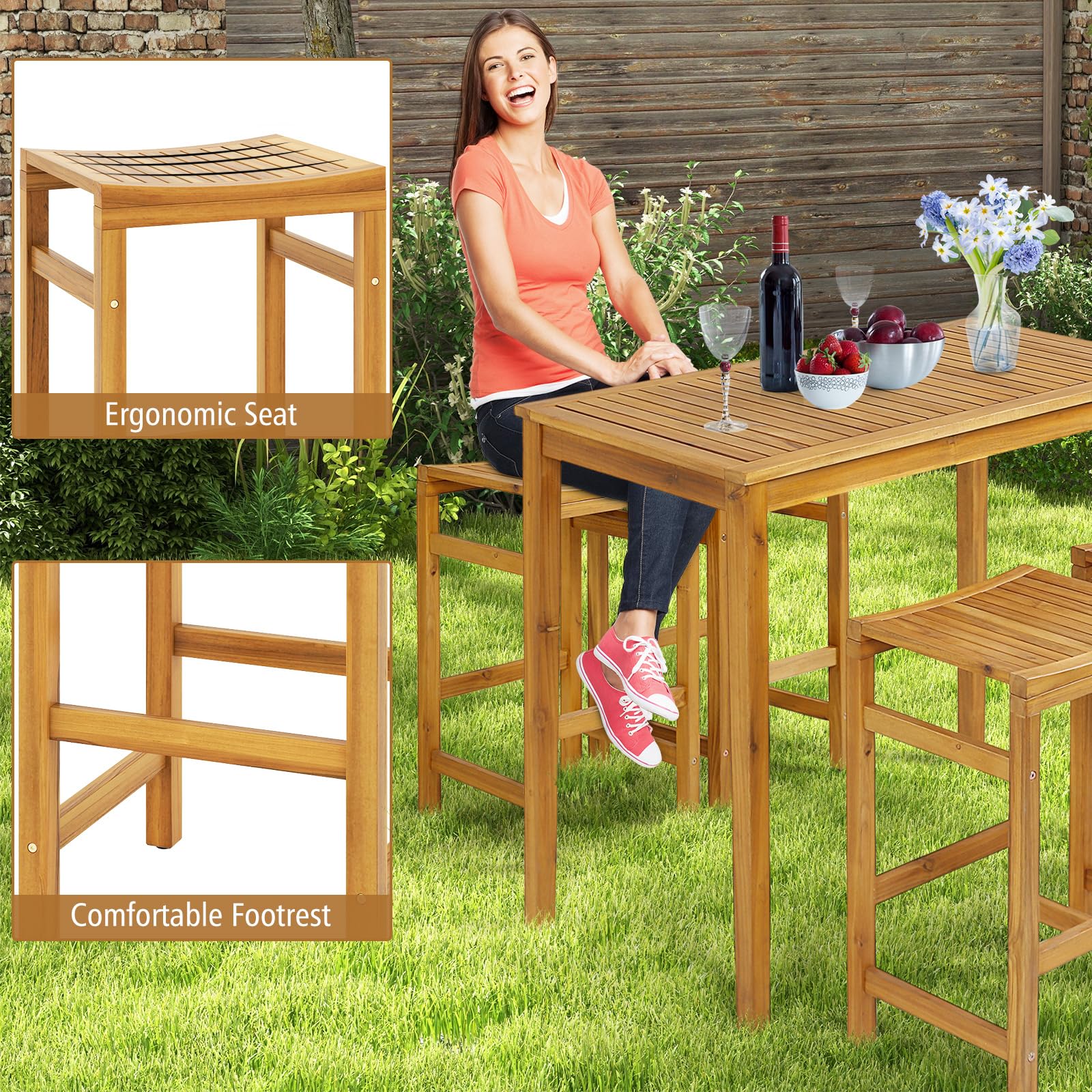 HAPPYGRILL Outdoor Wood Bar Stools Set of 2, Patio Bar Stools with Ergonomic Seat & Comfortable Footrest, Acacia Wood Bar Stools, 30-Inch Bar Height Stools for Garden Deck Balcony Poolside