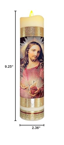 Sacred Heart Jesus Flameless LED Devotional Prayer Candle Religious Gold Foil Decoration for Home, Office, or Place Workship