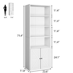 IDEALHOUSE White Bookcase with Doors Industrial Bookshelf 11.8in Depth Display Storage Shelves 71.4in Tall Farmhouse Bookcases Wooden 6 Shelf Bookshelvels for Bedroom, Living Room, Home Office, White