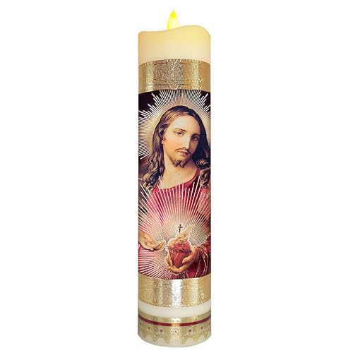 Sacred Heart Jesus Flameless LED Devotional Prayer Candle Religious Gold Foil Decoration for Home, Office, or Place Workship