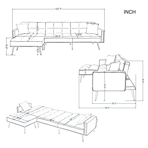 Eafurn Velvet Upholstery Convertible Sleeper Sofa Bed with Reversible Chaise,L Shaped Sectional Couch w/Reclining Backrest and 2 Pillows,Comfy Corner Sofa & Coues for Living Room Furniture Sets