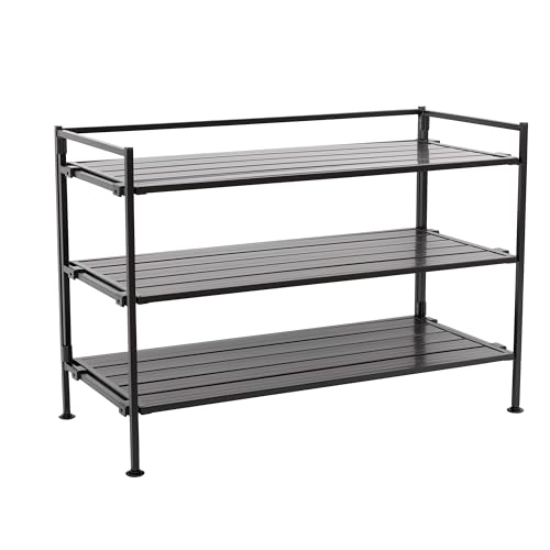 Seville Classics Sturdy Freestanding Storage Shelf for Bedroom, Closet, Entryway, Dorm Room Organizer, Stackable Metal 3-Tier 2" Resin Slat Shoe Rack, Espresso