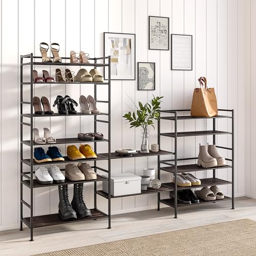 Seville Classics Sturdy Freestanding Storage Shelf for Bedroom, Closet, Entryway, Dorm Room Organizer, Stackable Metal 3-Tier 2" Resin Slat Shoe Rack, Espresso