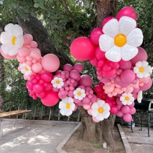 Hot Pink Balloons Arch Kit,Pink White Daisy Flower Garland with Metallic Red Balloons for Birthday Party Baby Shower Baptism Bridal Engagement Wedding Decorations