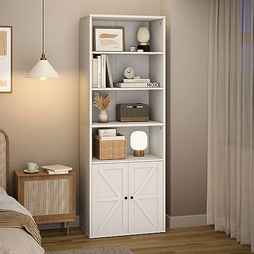 IDEALHOUSE White Bookcase with Doors Industrial Bookshelf 11.8in Depth Display Storage Shelves 71.4in Tall Farmhouse Bookcases Wooden 6 Shelf Bookshelvels for Bedroom, Living Room, Home Office, White