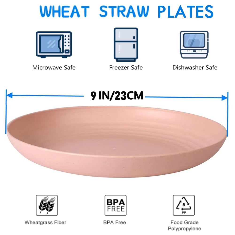 9 Inch Unbreakable Wheat Straw Plates - Reusable Plate Set - Dishwasher & Microwave Safe - Dinner Dishes Lightweight Plates Salad Kids Adult Plate for Kitchen Camping - BPA Free (Plate-9in)