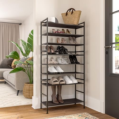 Seville Classics Sturdy Freestanding Storage Shelf for Bedroom, Closet, Entryway, Dorm Room Organizer, Stackable Metal 3-Tier 2" Resin Slat Shoe Rack, Espresso