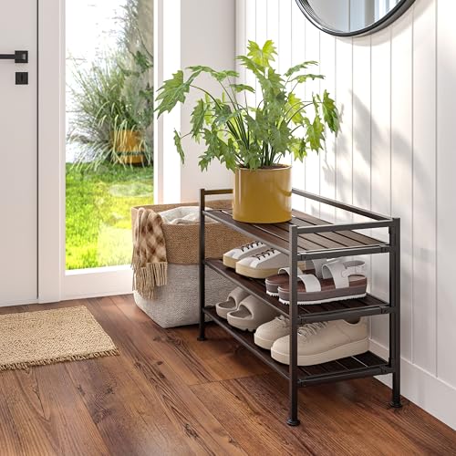 Seville Classics Sturdy Freestanding Storage Shelf for Bedroom, Closet, Entryway, Dorm Room Organizer, Stackable Metal 3-Tier 2" Resin Slat Shoe Rack, Espresso