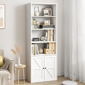 idealhouse white bookcase with doors industrial bookshelf 11.8in depth display storage shelves 71.4in tall farmhouse bookcases wooden 6 shelf bookshelvels for bedroom, living room, home office, white