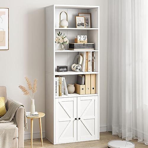 IDEALHOUSE White Bookcase with Doors Industrial Bookshelf 11.8in Depth Display Storage Shelves 71.4in Tall Farmhouse Bookcases Wooden 6 Shelf Bookshelvels for Bedroom, Living Room, Home Office, White