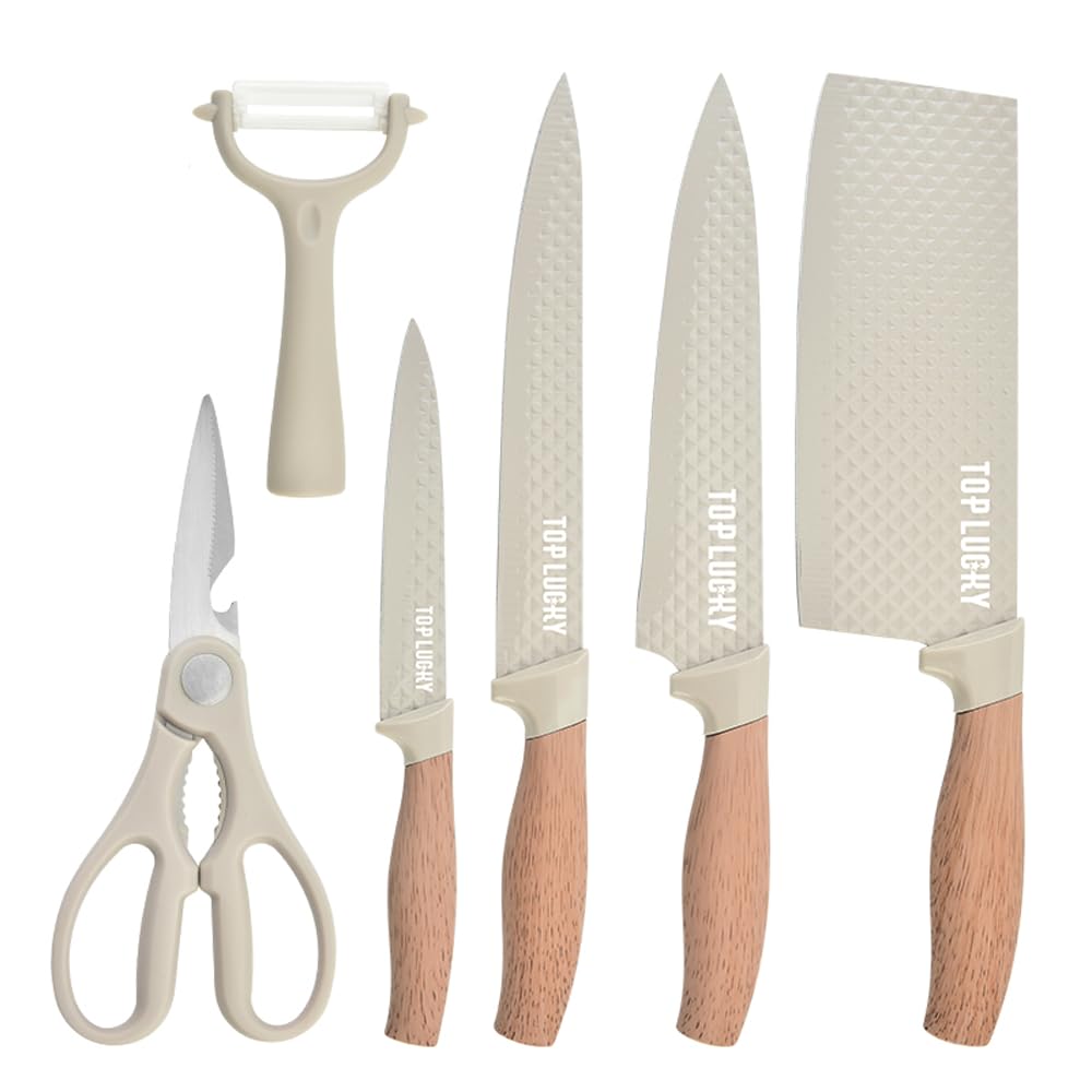 Knife Set, 6-Piece Khaki Professional Kitchen Knife Set for Chef, Super Sharp Meat Knives Cooking Knives Sets, Anti-Rust Stainless Steel Kitchen Knives with Cutlery Ergonomic Design Wood Handle