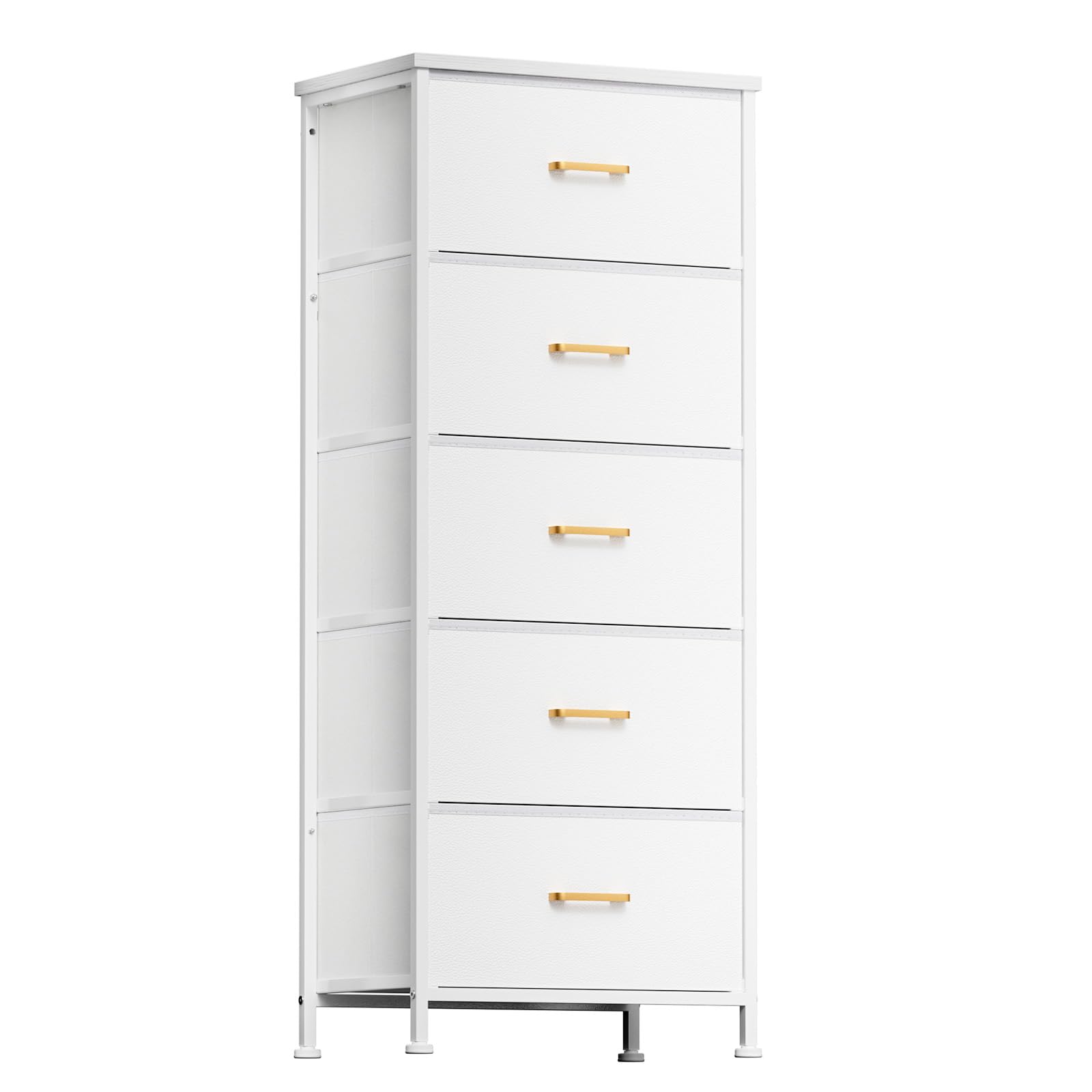 YILQQPER Tall Dresser with 5 Drawers, White Dresser for Bedroom, Tall Storage Tower for Closet, Nursery, Dorm, Dresser Organizer with Sturdy Steel Frame, Fabric Bins, Leather Finish, Wood Top, White