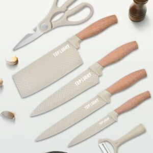 Knife Set, 6-Piece Khaki Professional Kitchen Knife Set for Chef, Super Sharp Meat Knives Cooking Knives Sets, Anti-Rust Stainless Steel Kitchen Knives with Cutlery Ergonomic Design Wood Handle