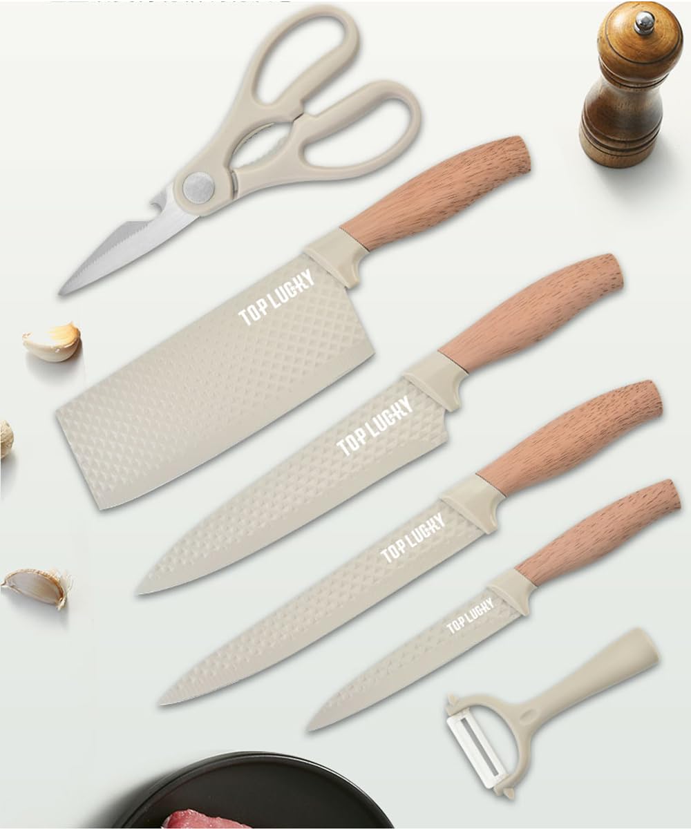 Knife Set, 6-Piece Khaki Professional Kitchen Knife Set for Chef, Super Sharp Meat Knives Cooking Knives Sets, Anti-Rust Stainless Steel Kitchen Knives with Cutlery Ergonomic Design Wood Handle